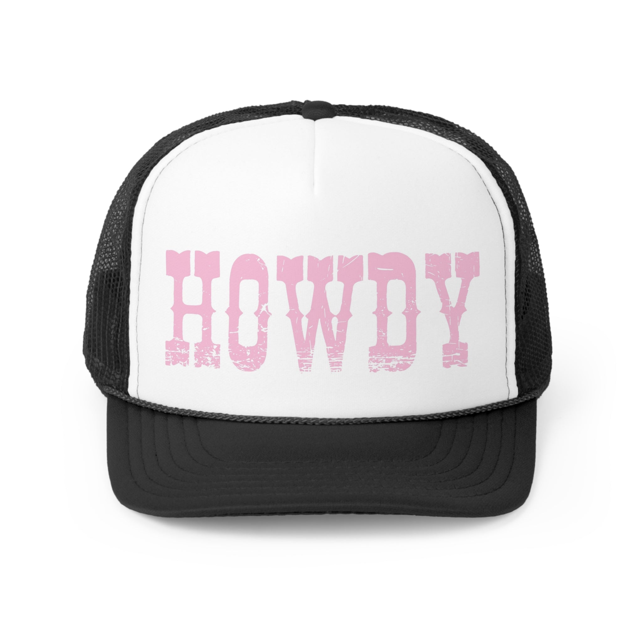 Howdy Trucker Hat from the Rodeo Collection featuring a humorous design, durable polyester front, and breathable nylon mesh back.